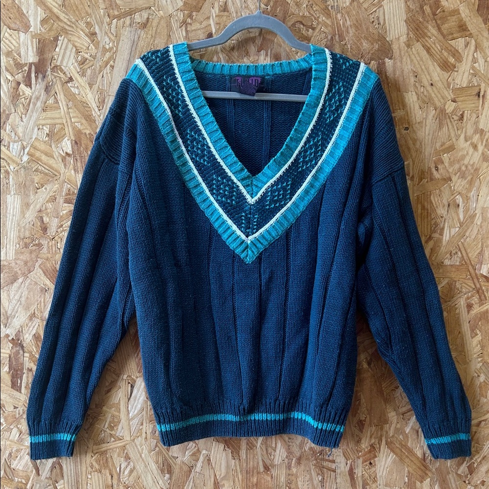 Vintage Fluid Deep Teal & Torquiise Chunky Knit V-Neck Sweater